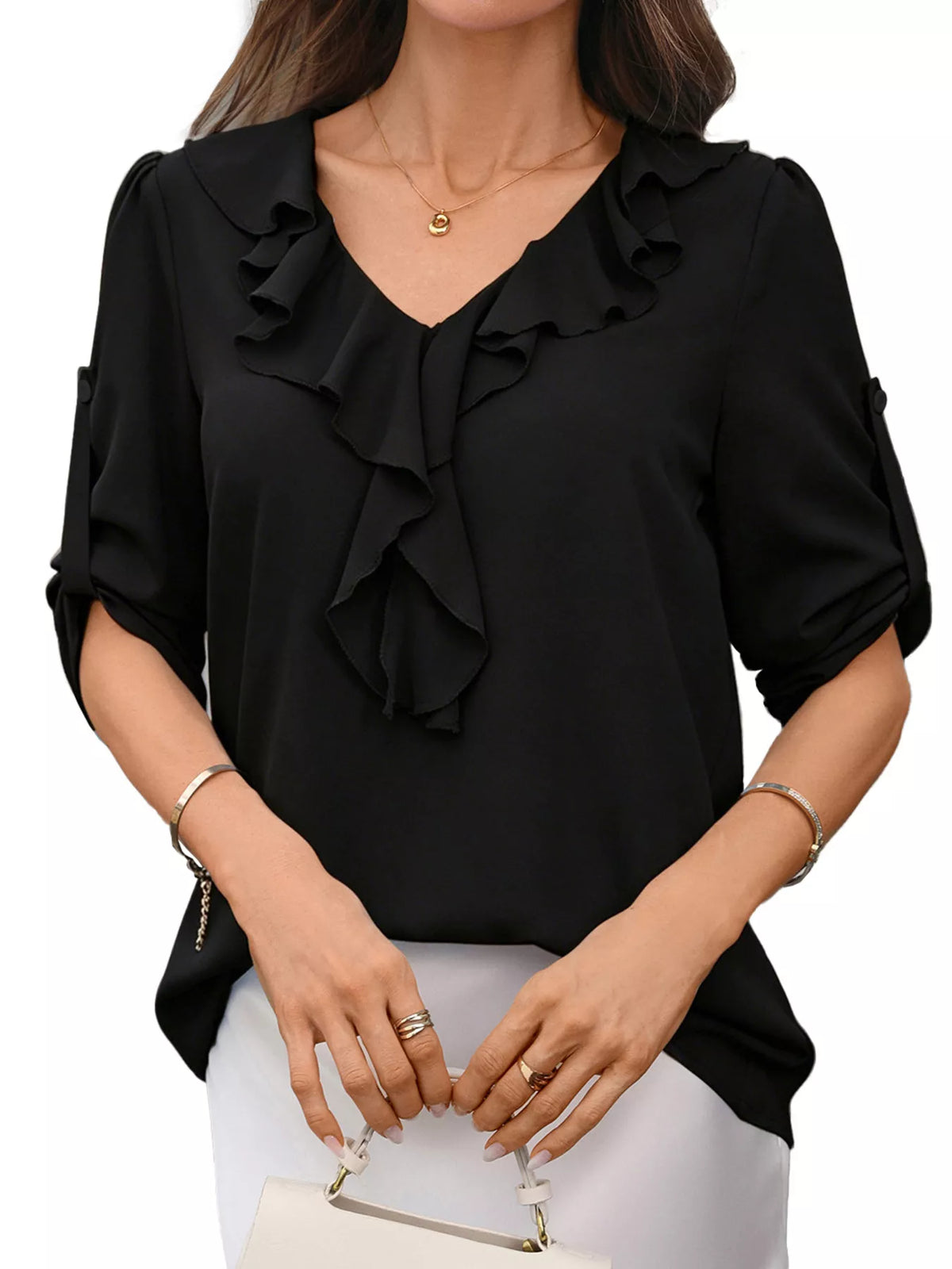 Ruffled V-Neck Roll-Up Sleeves Blouse
