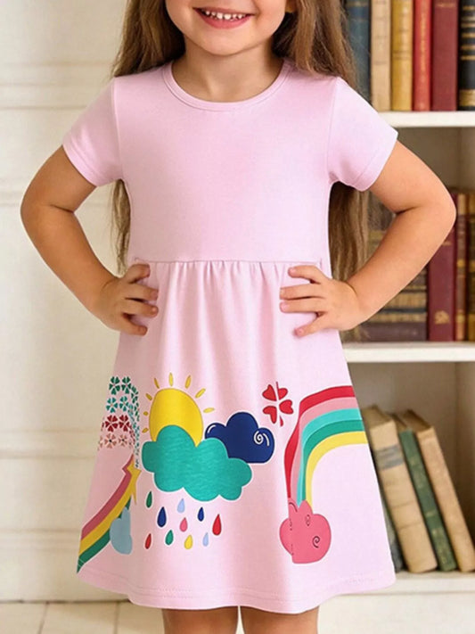 Children's Rainbow Print Short Sleeve Casual Dress