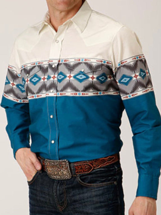 Men's Full Size Geometric Print Long Sleeve Shirt Plus Size