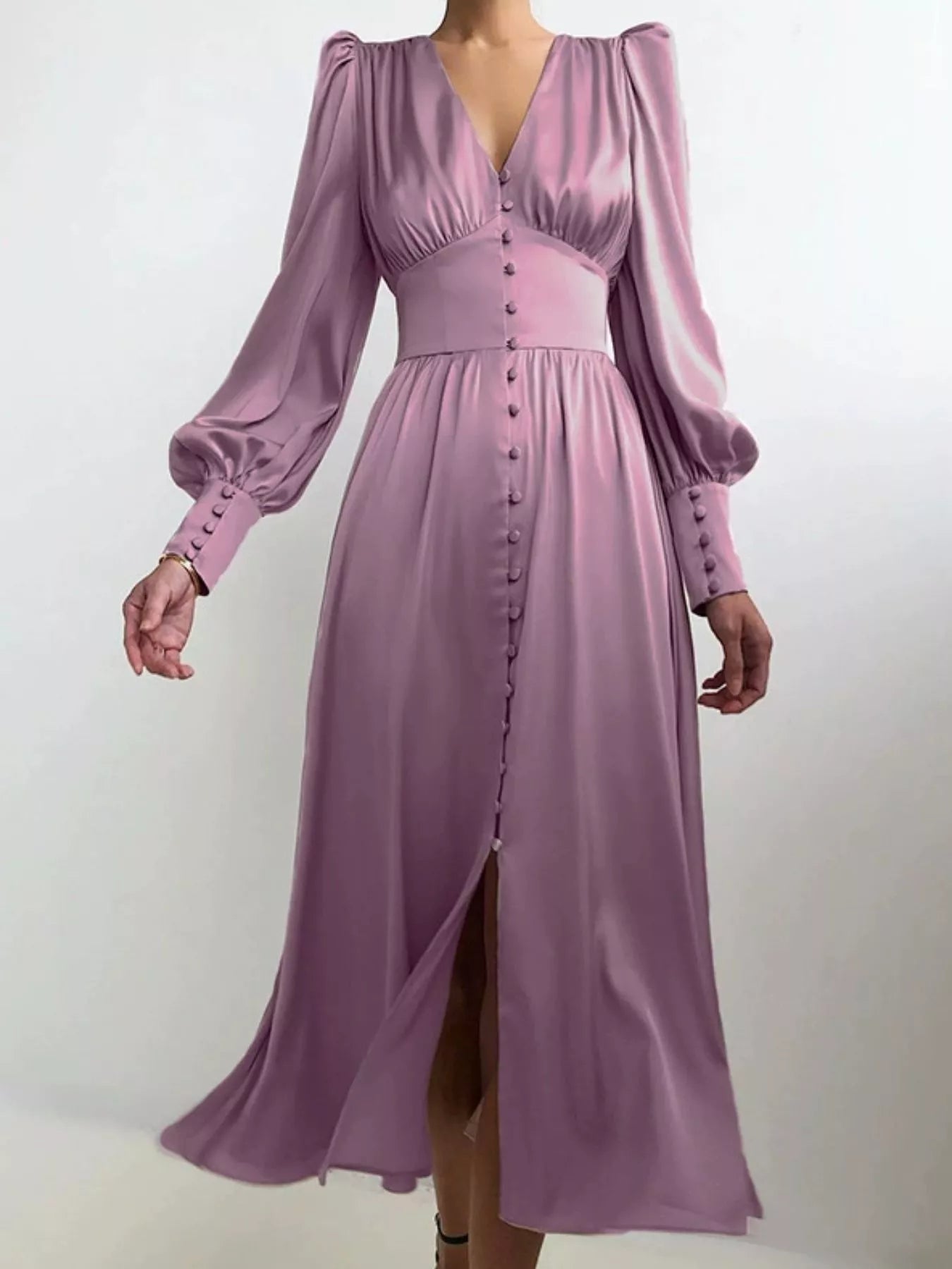 Elegant V-Neck Puff Sleeve Button-Down Midi Dress