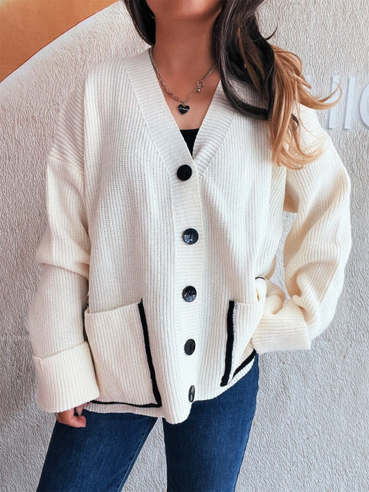 Button-Front Ribbed Cardigan with V-Neck