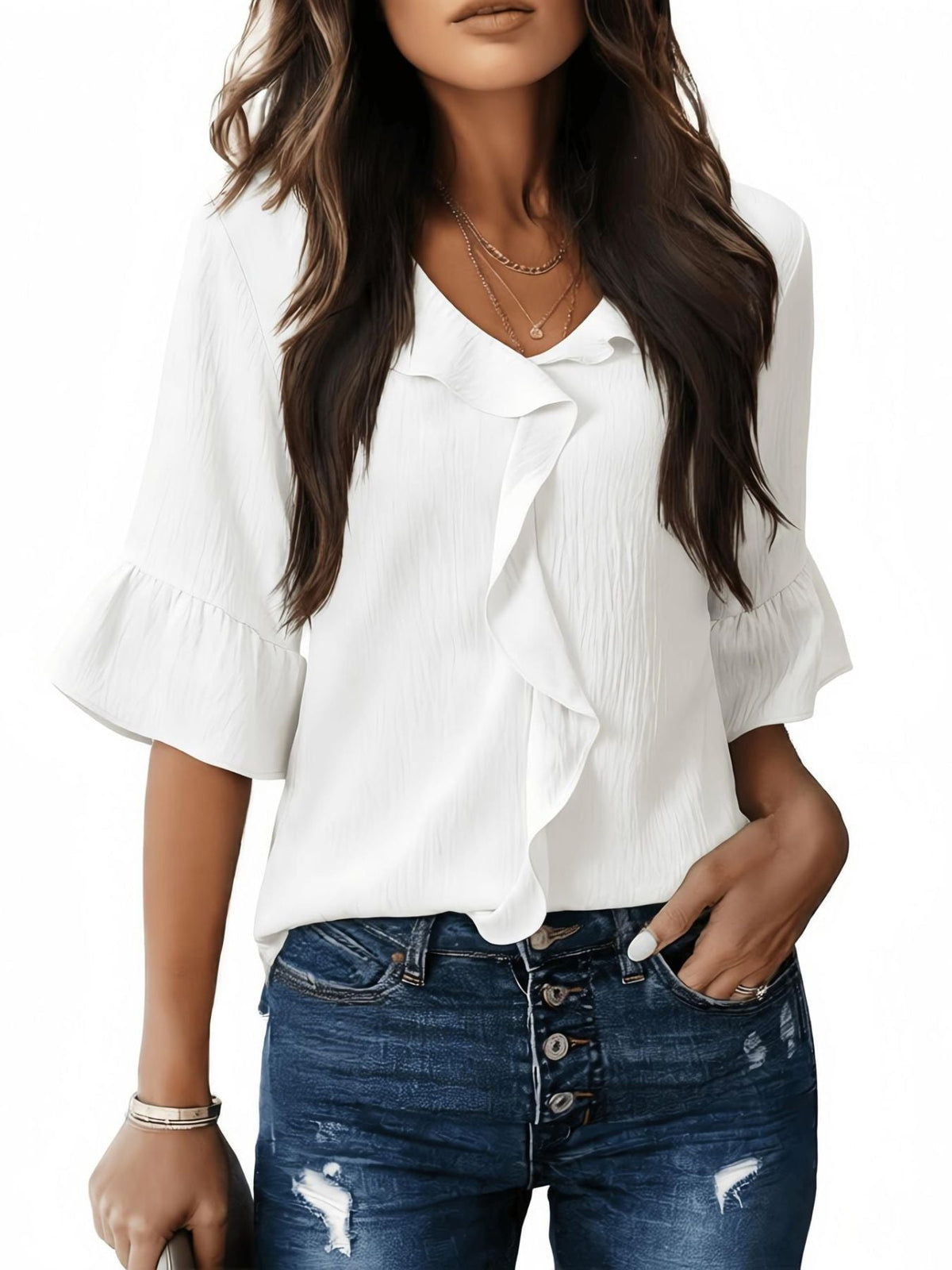 Ruffle V-Neck Flounce Sleeve Blouse