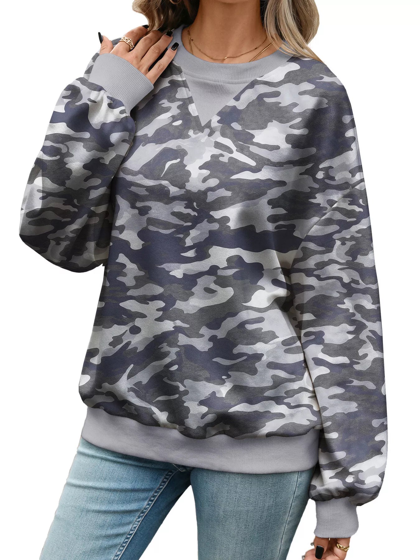 Leaf Print Sweatshirt with Contrasting Trim