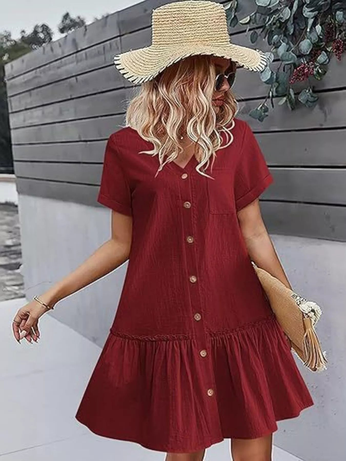 Full Size Button-Down Ruffle Hem Mini Dress Plus Size