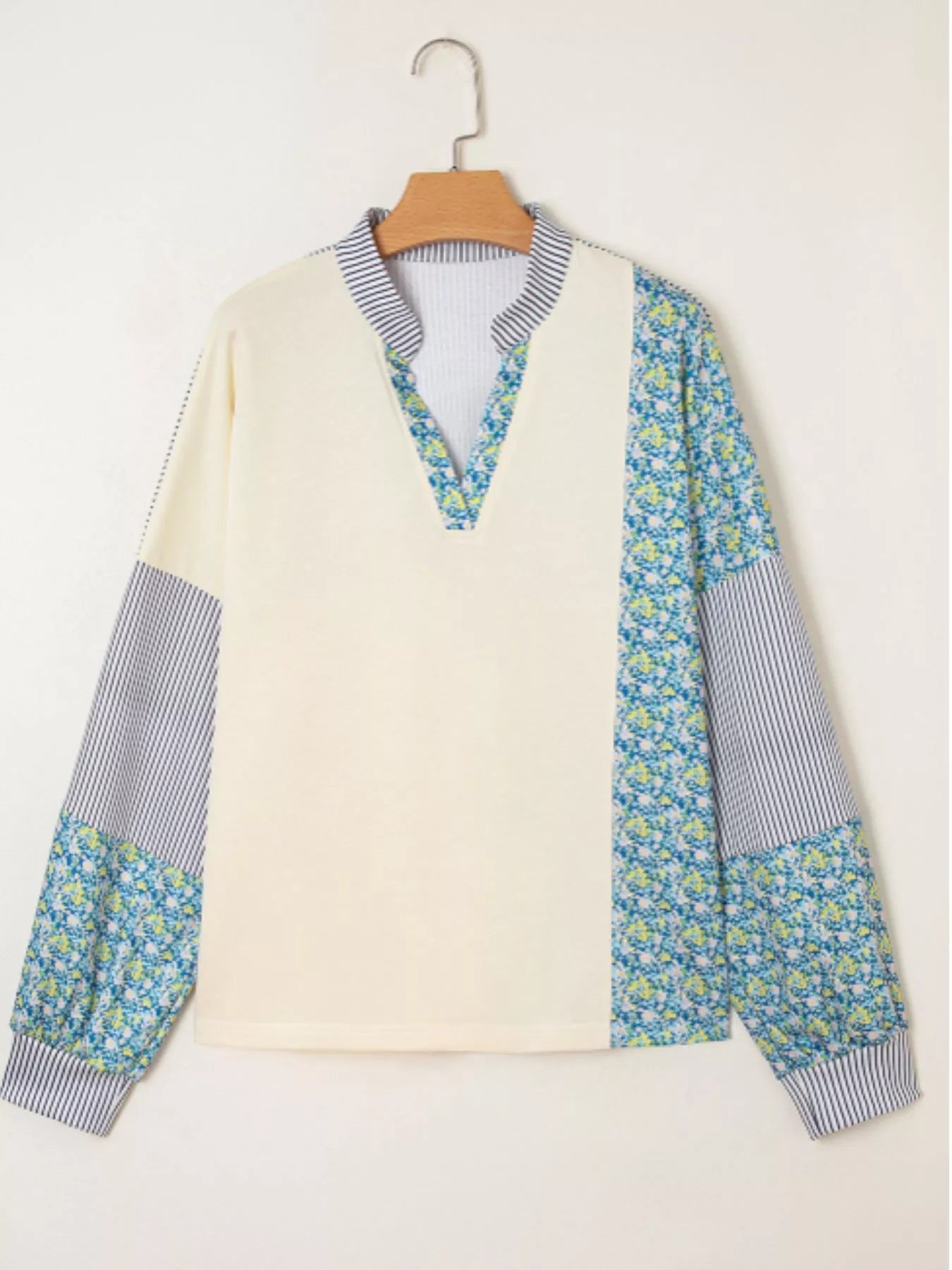 Floral Striped Drop Sleeve Collared Boxy Fit Sweatshirt