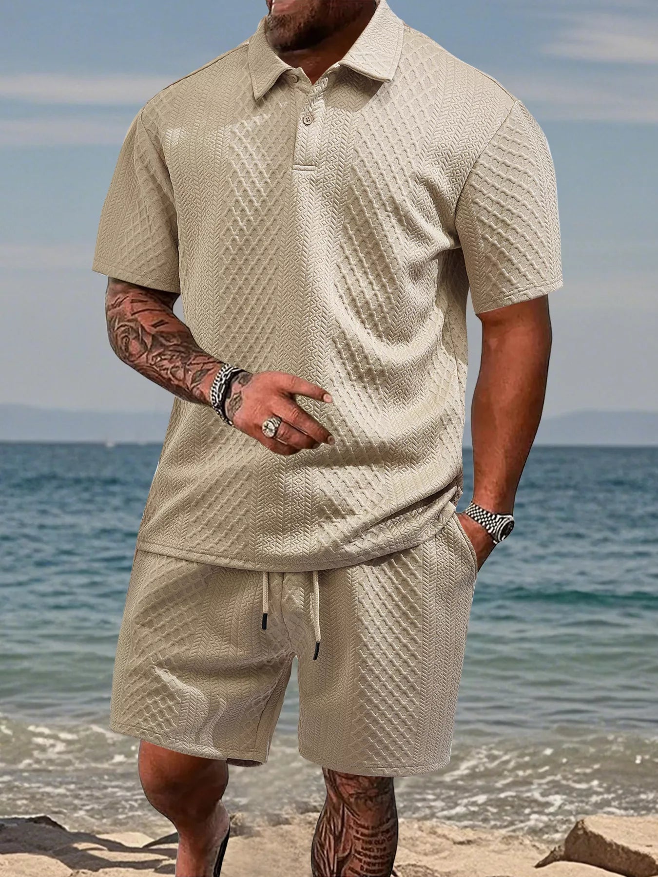 Men's Full Size Textured Knit Polo Shirt & Shorts Set Plus Size