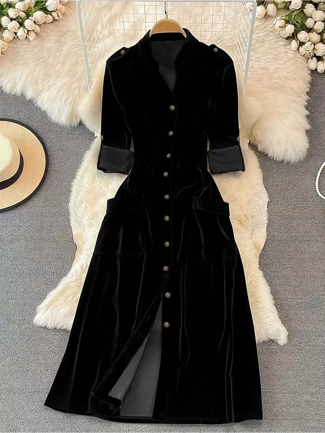 Velvet Button-Down Midi Dress