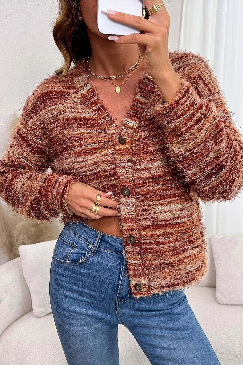 Fuzzy Striped Button Front Cardigan Sweater
