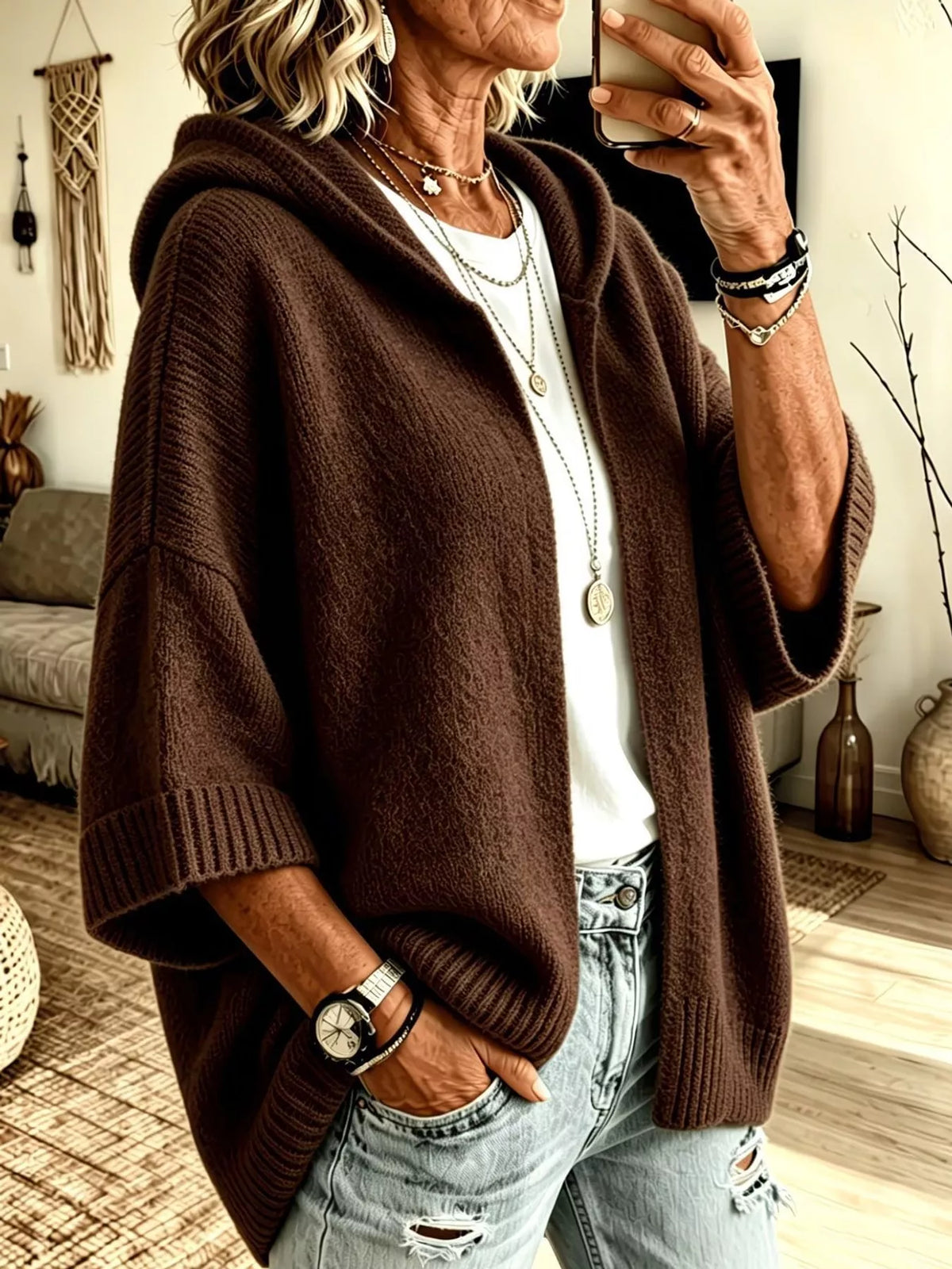 Full Size Hooded Open-Front Knit Cardigan Plus Size