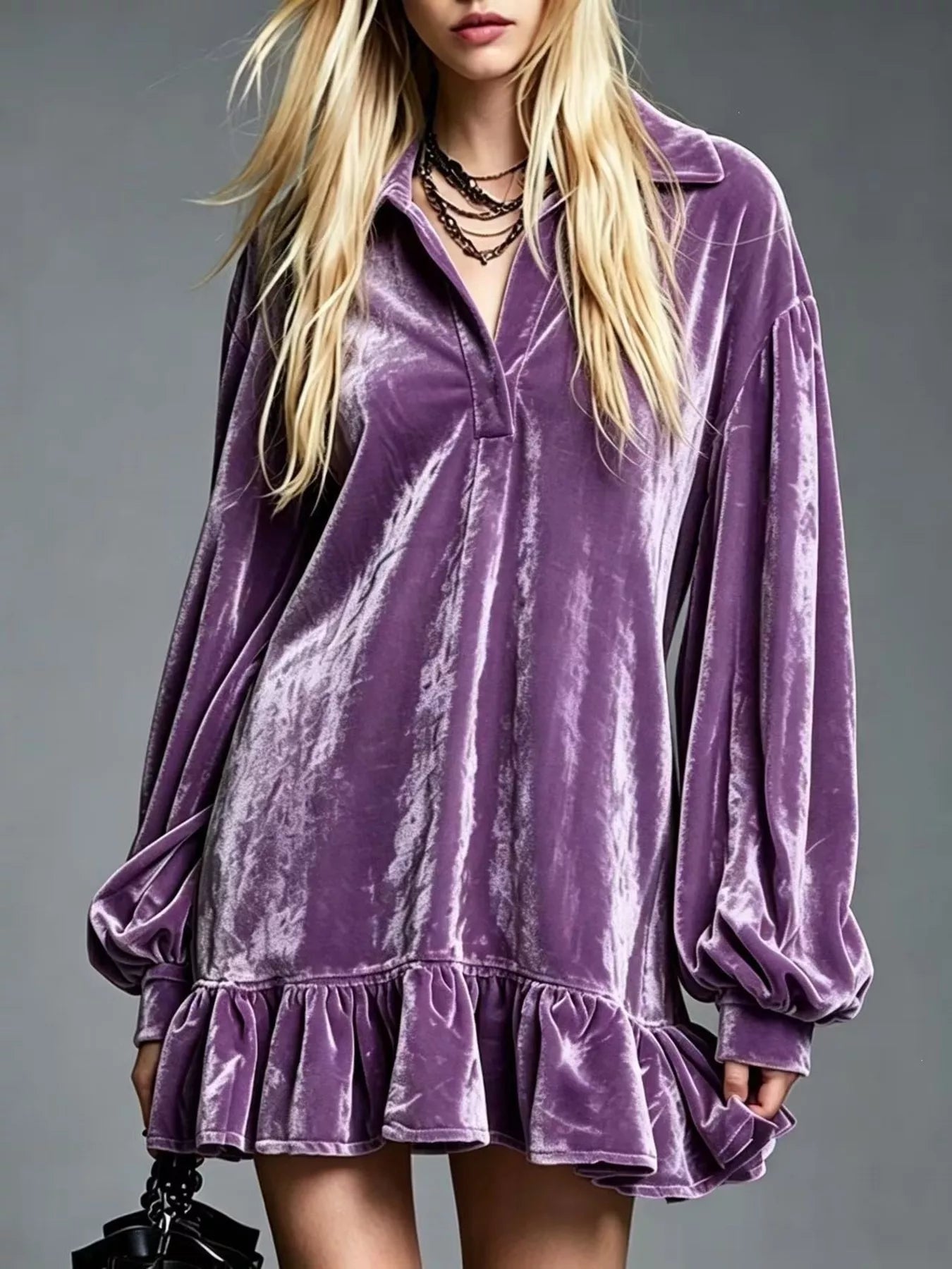 Full Size Velvet Ruffled Hem Long Sleeve Dress Plus Size
