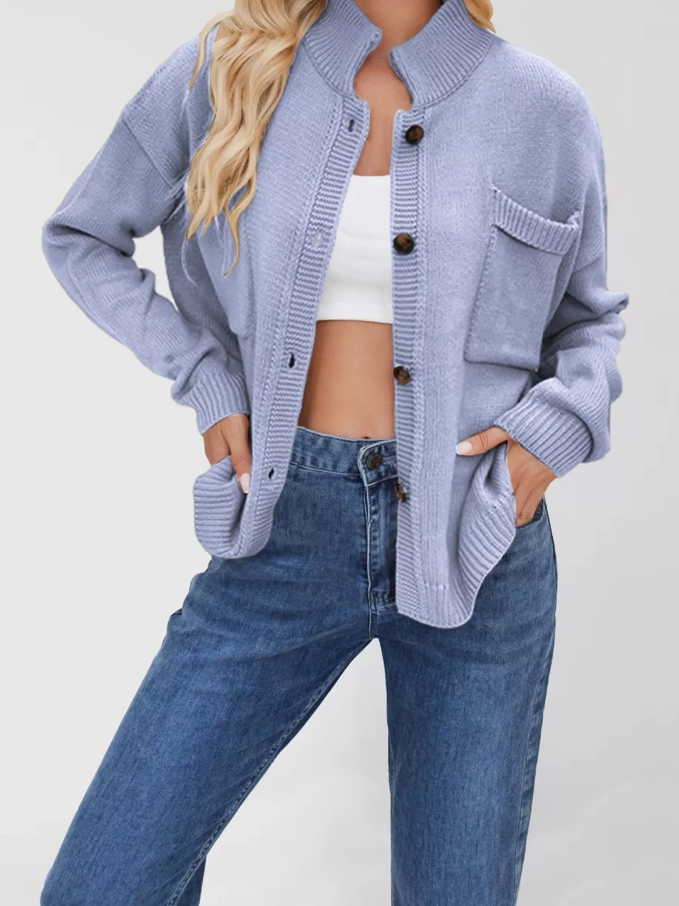 Button Up Dropped Shoulder Cardigan