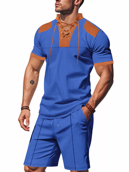 Men's Full Size Lace-Up Collar Casual Top and Shorts Set Plus Size