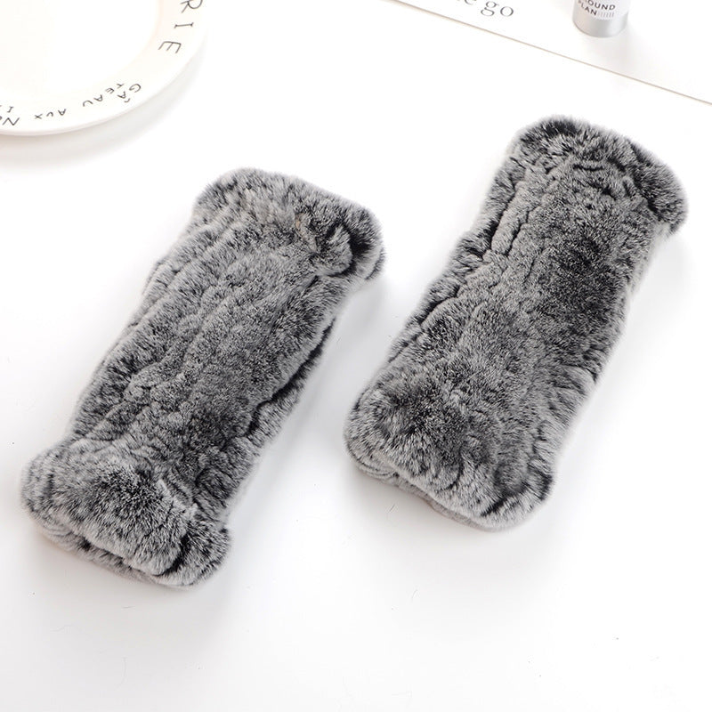 Winter Wristband Mid-Length Gloves - Rex Rabbit Fur Insulation With Striped Half-Finger Design
