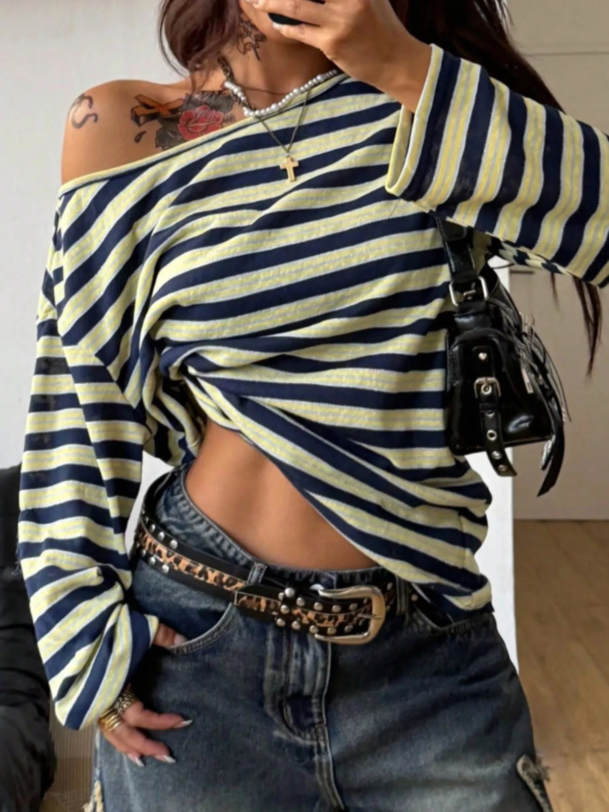 Off-Shoulder Striped Long Sleeve T-Shirt