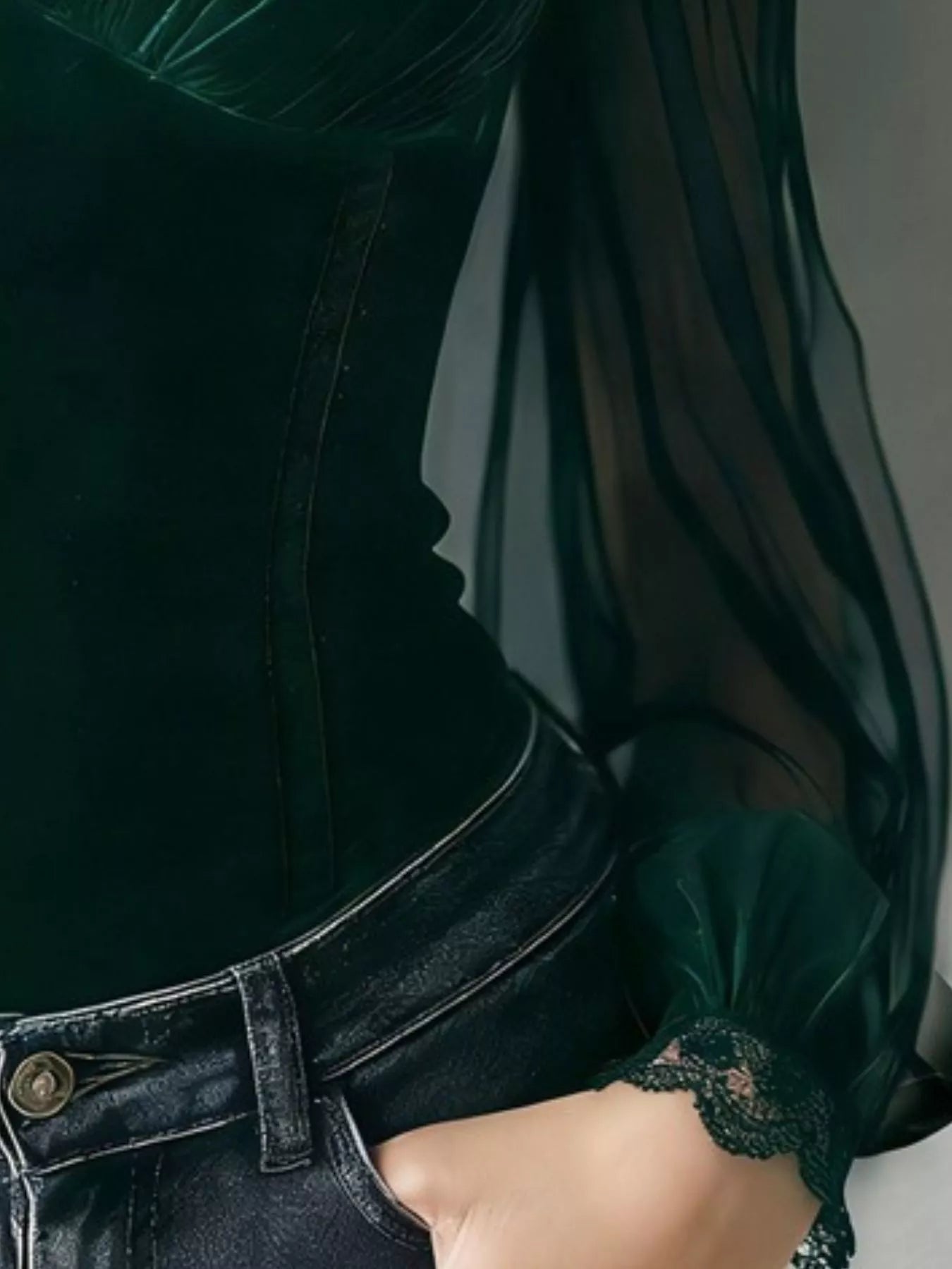 Lace Trim Velvet Sheer Sleeve Blouse