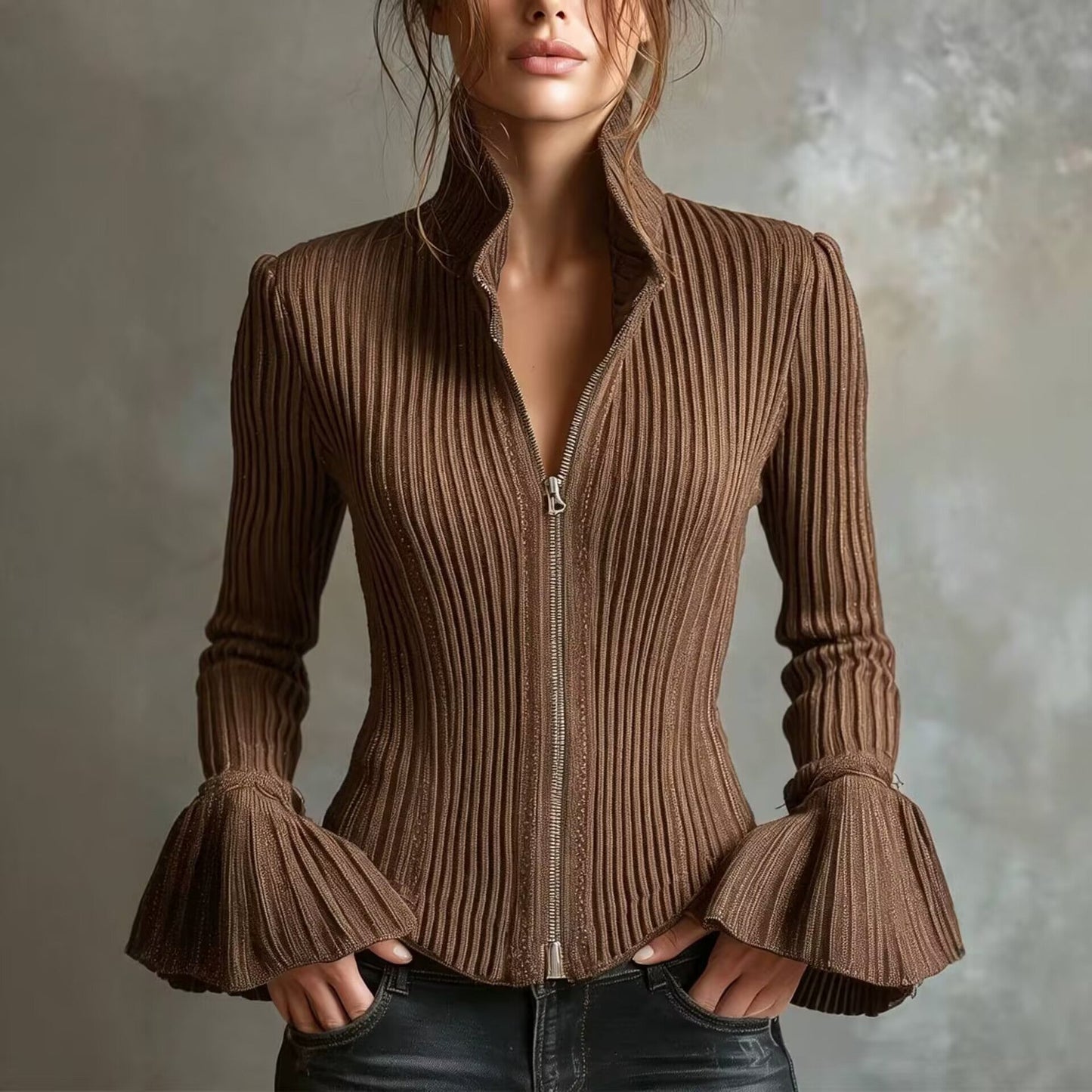 Women's Slim-Fit Rib-Knit Zip-Up Top with Flared Cuffs