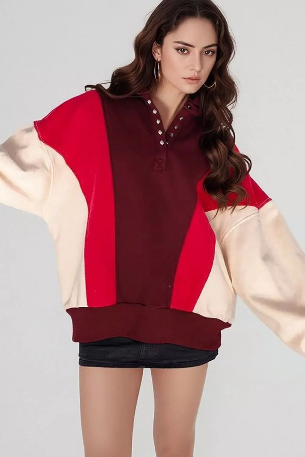 Color-Block Snap-Button Oversized Sweatshirt