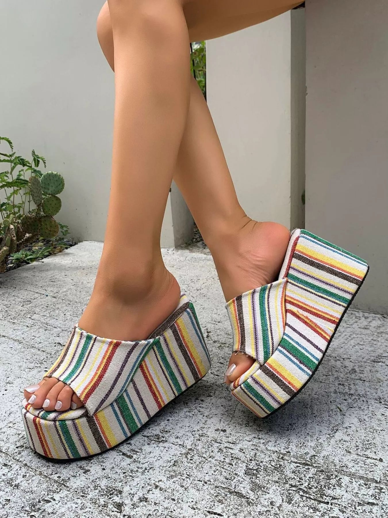 Striped Platform Wedge Sandals