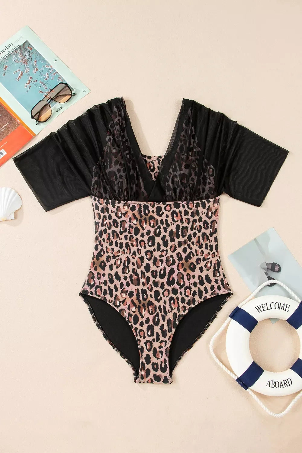 Mesh Patchwork V Neck Half Sleeve Bodycon One Piece Swimwear