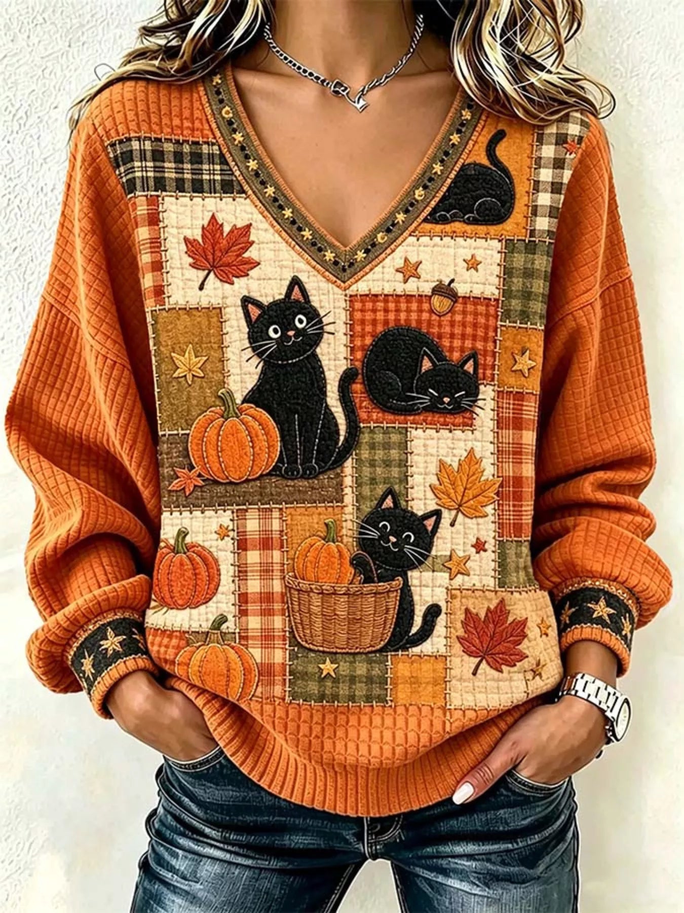Full Size Cat and Pumpkin V-Neck Sweater Plus Size