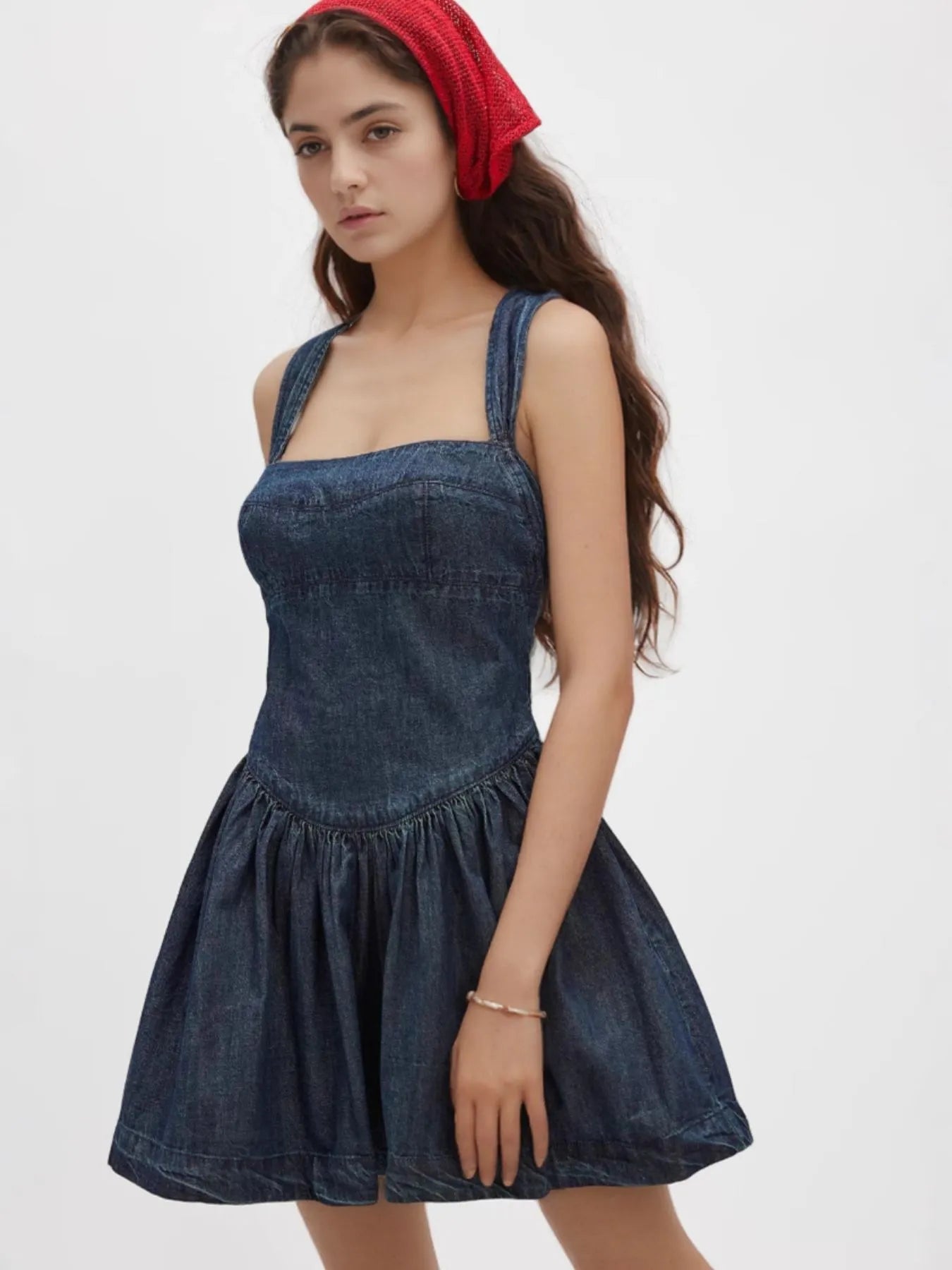 Smocked Crisscross Back Denim Mini Dress