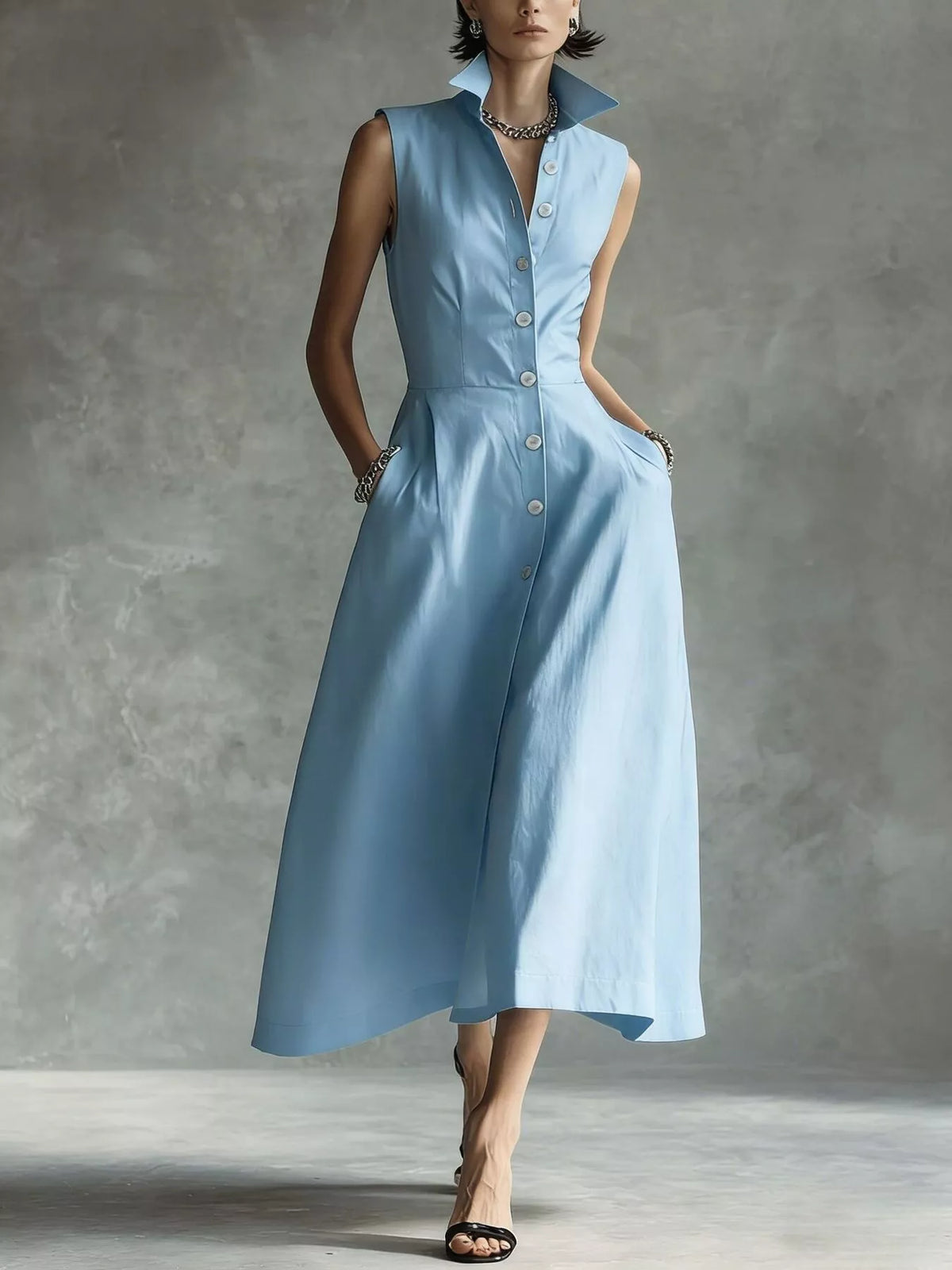 Sleeveless Button-Down Midi Shirt Dress