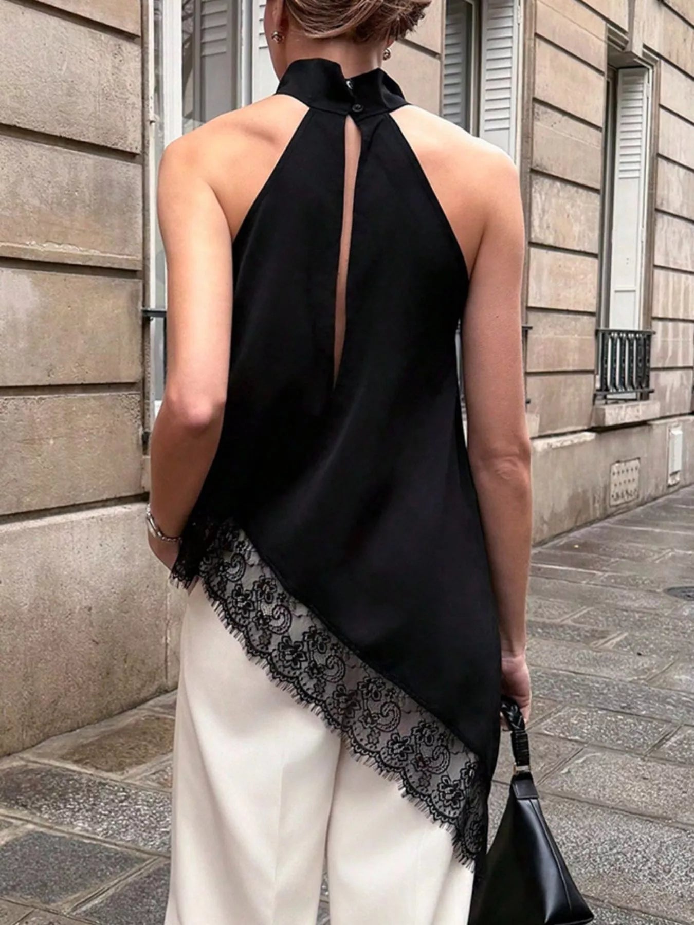 Polka Dot Lace Trim Asymmetrical Hem Sleeveless Blouse