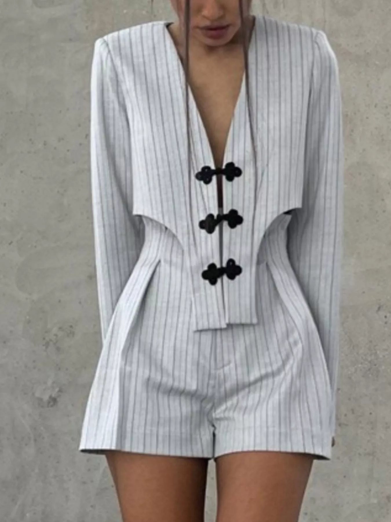 Pinstripe Cropped Blazer and Pleated Shorts Set