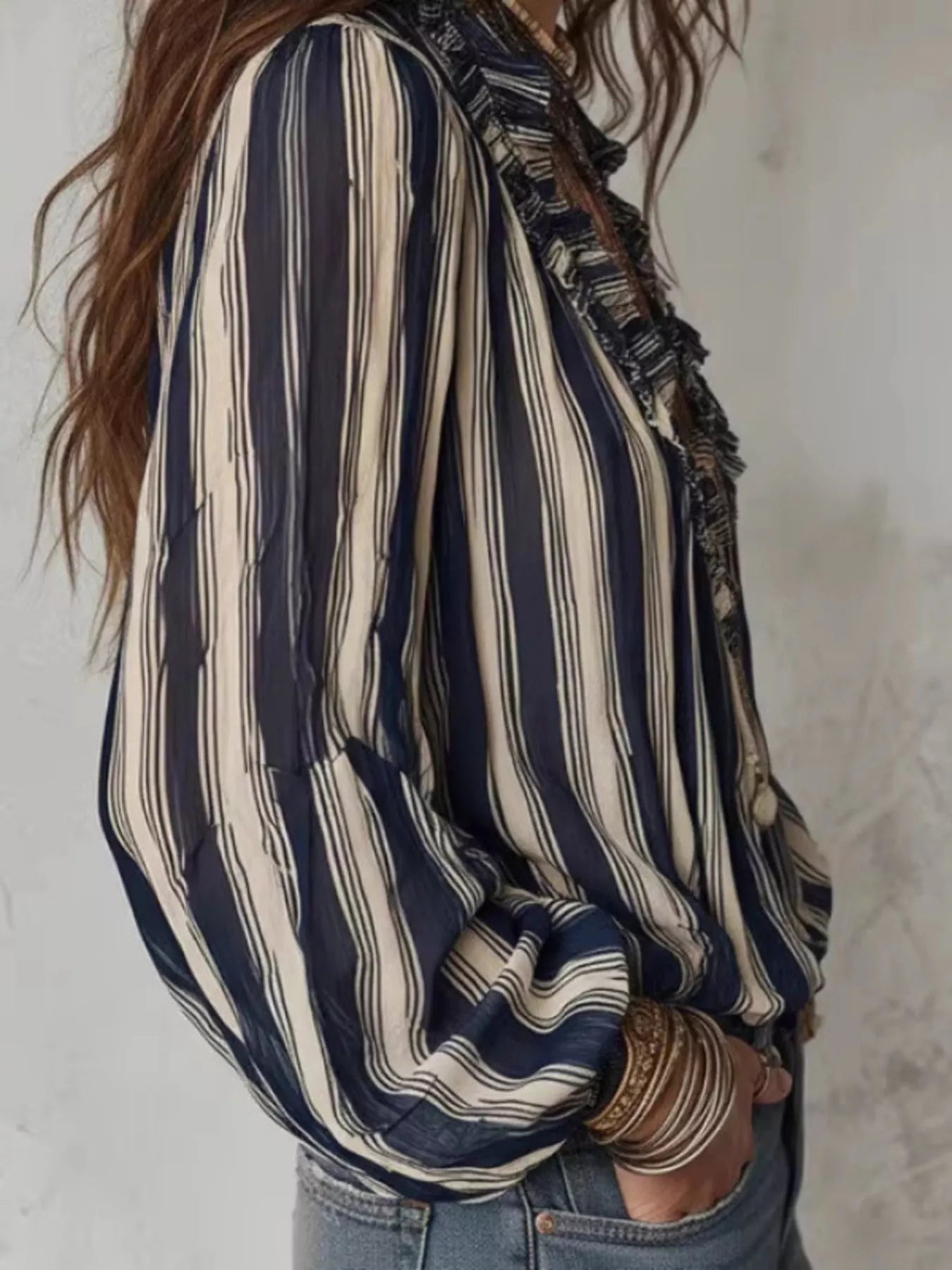 Striped Balloon Sleeve Blouse