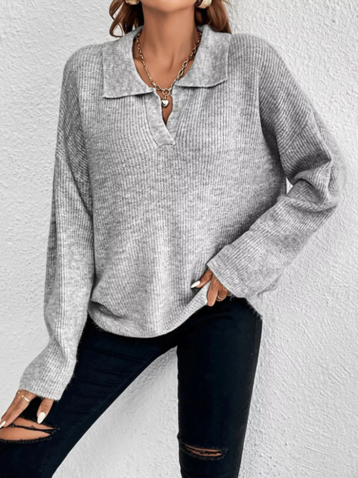 Ribbed Knit Dropped Shoulder Sweater