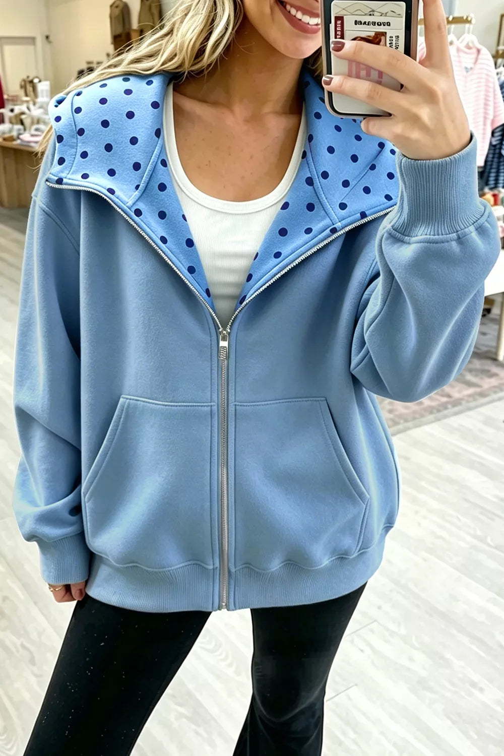 Polka Dot Lined Zip-Up Hoodie