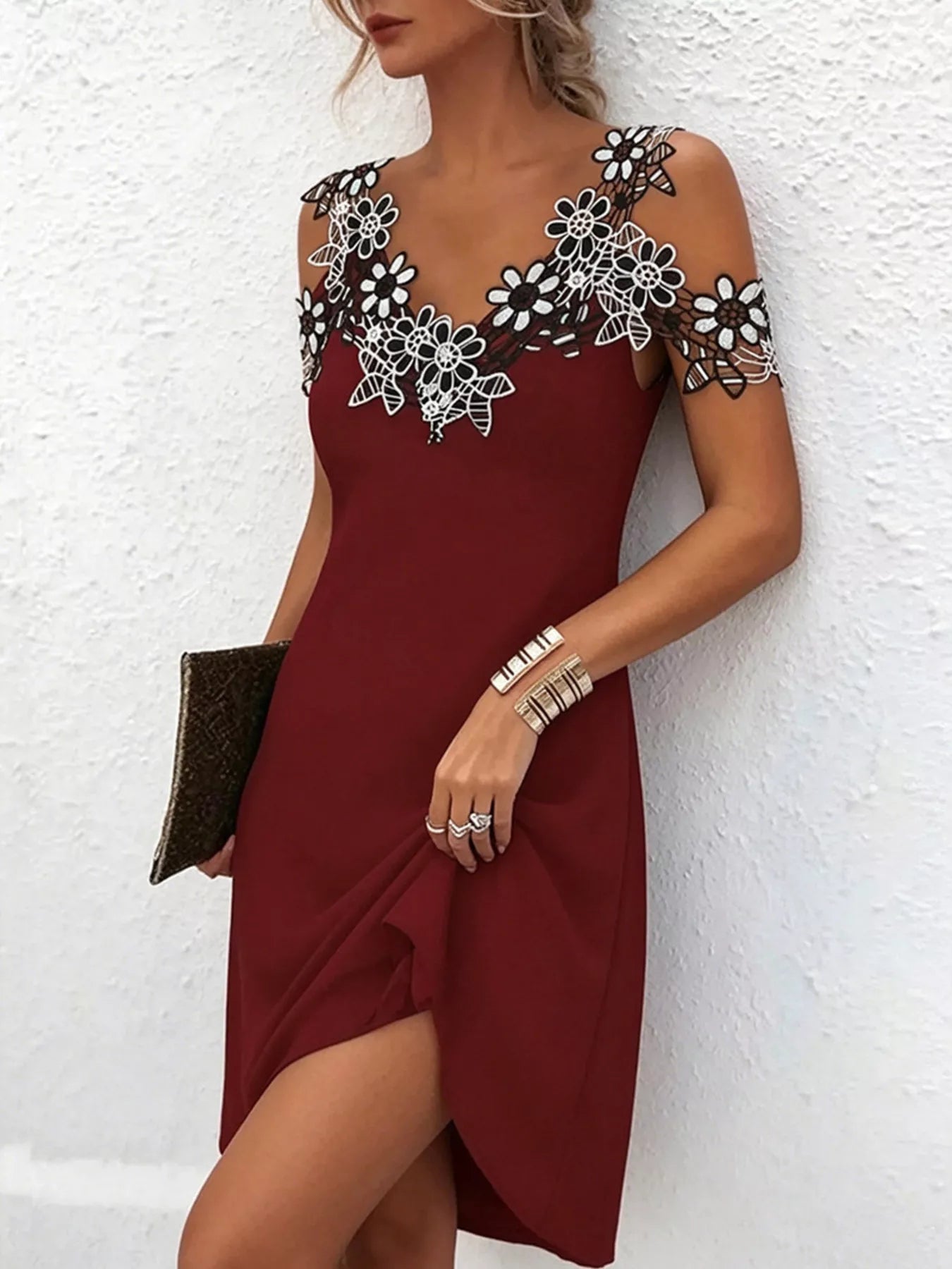 Lace Floral Trim Cold Shoulder Mini Dress