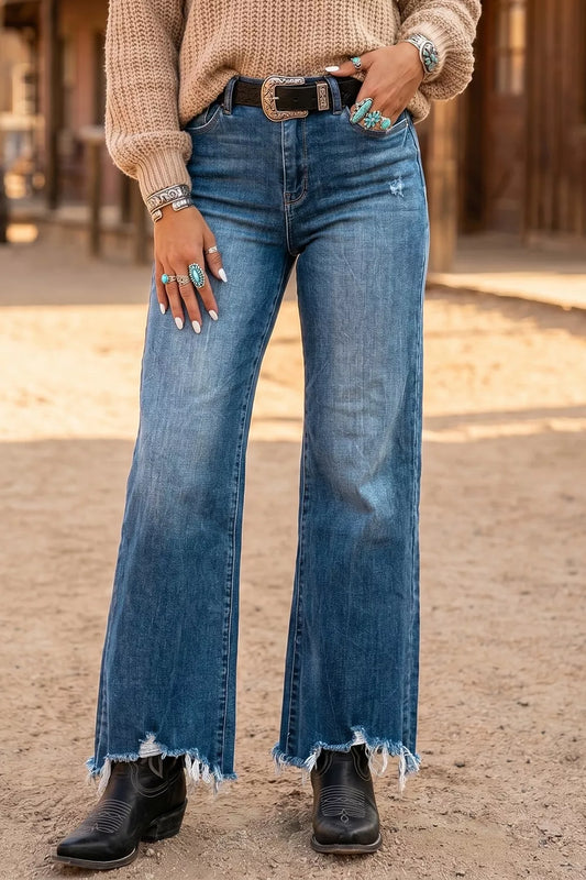 High Waist Frayed Hem Flare Jeans