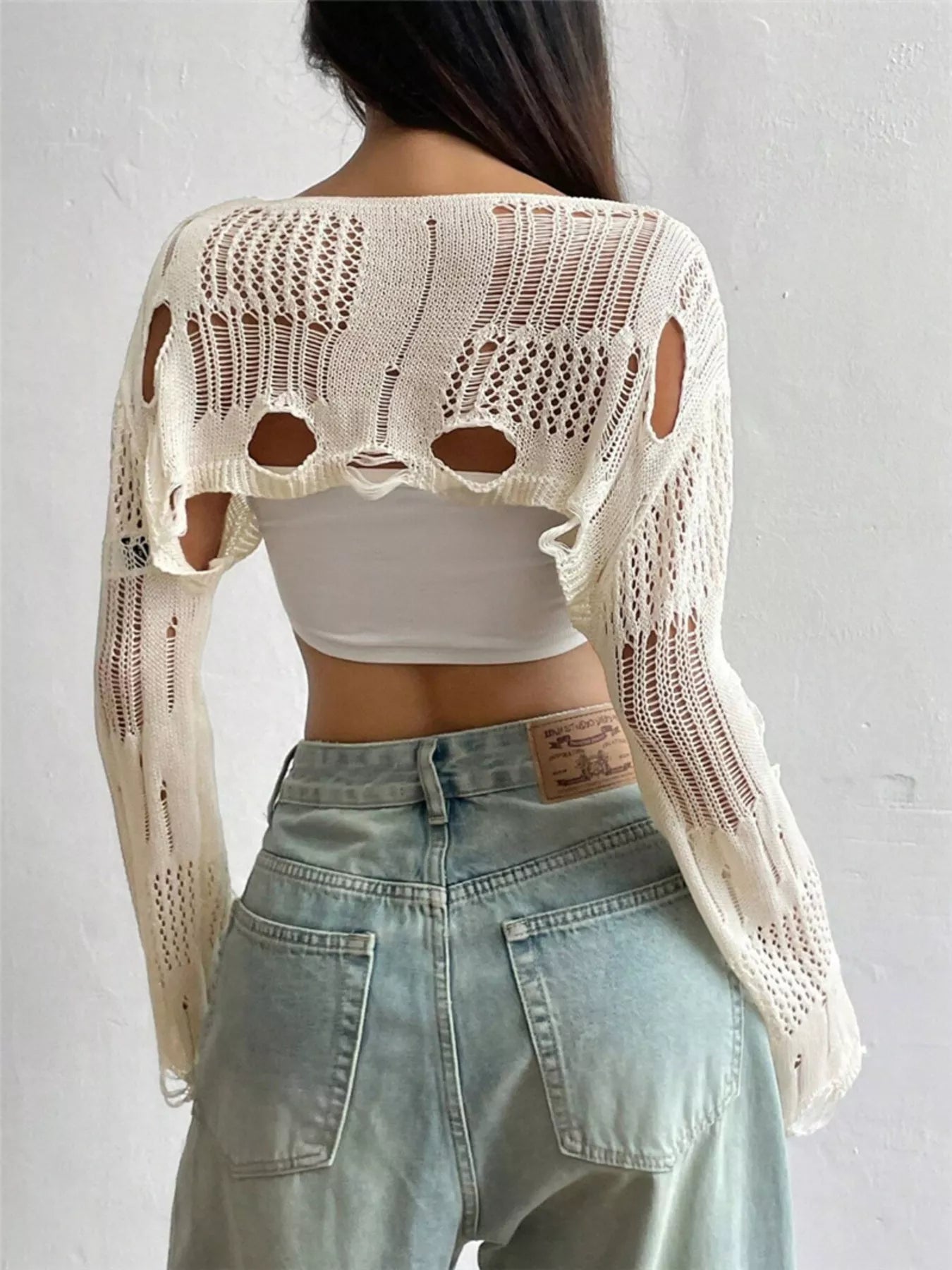 Distressed Cropped Knit Cover Up