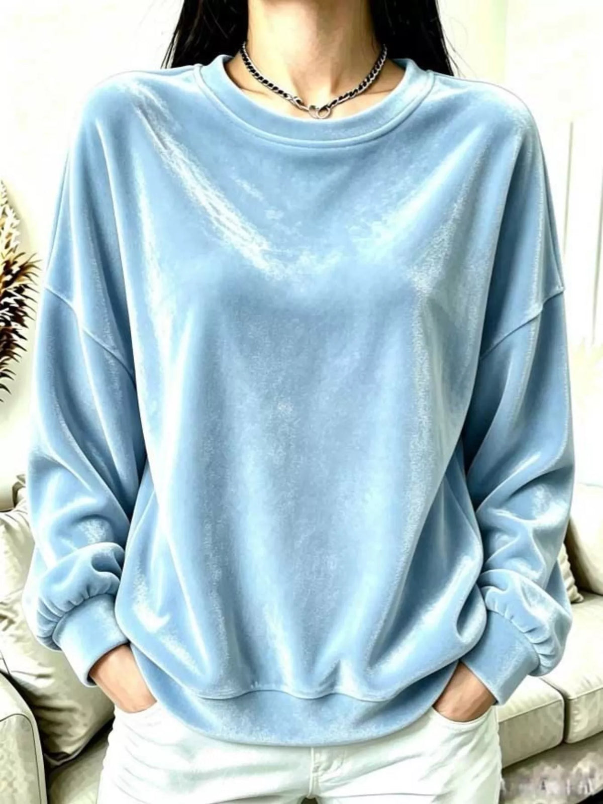 Full Size Velvet Dropped Shoulder Sweatshirt Plus Size