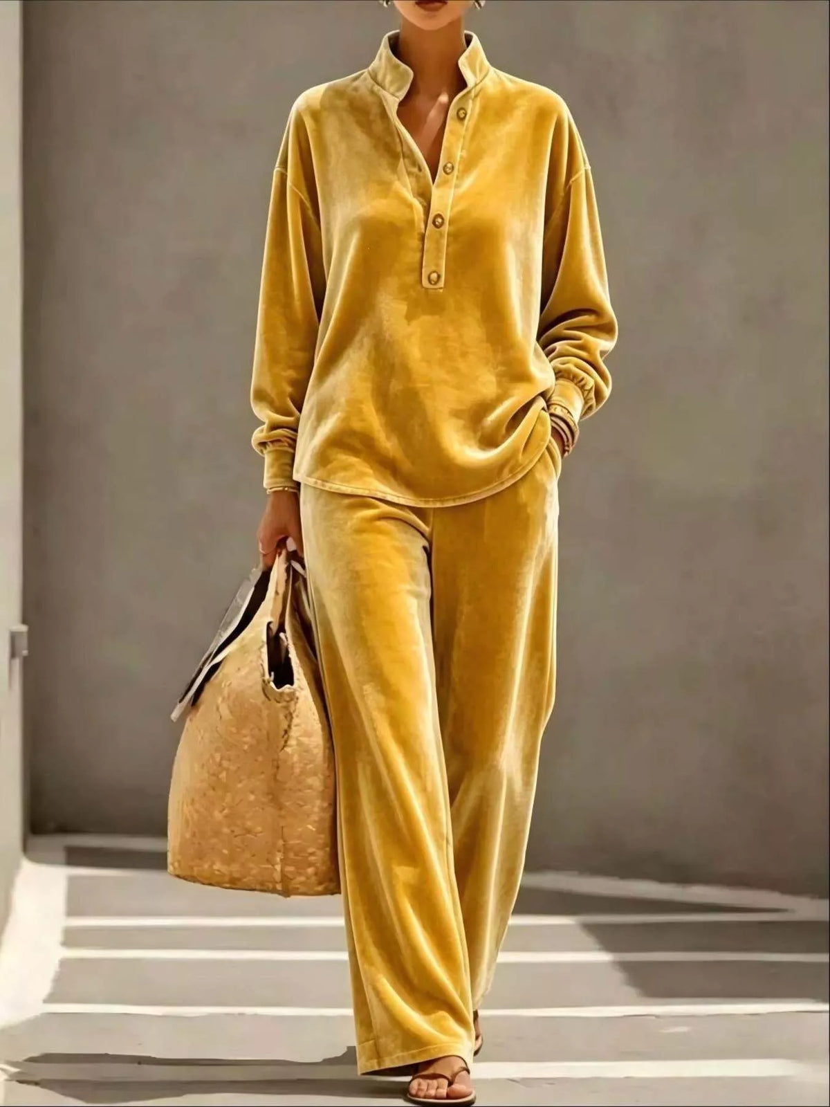 Full Size Half Button Top and Wide Leg Pants Set Plus Size