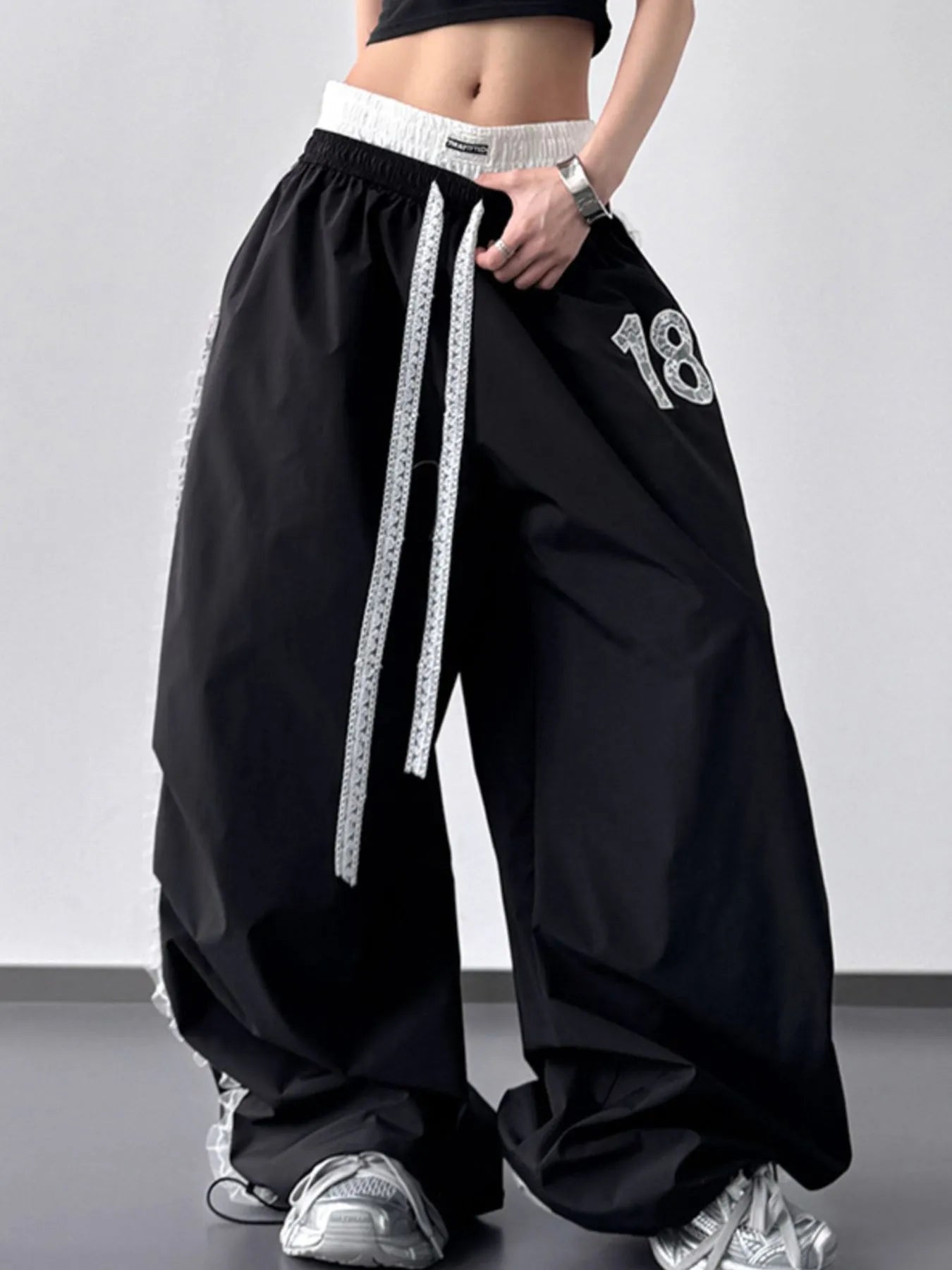Lace Detail Drawstring Wide Leg Pants