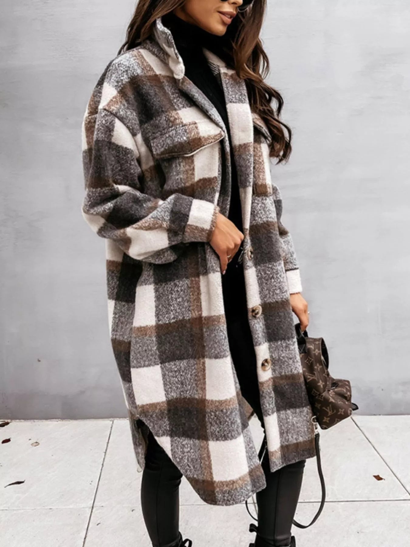 Longline Plaid Button Up Coat