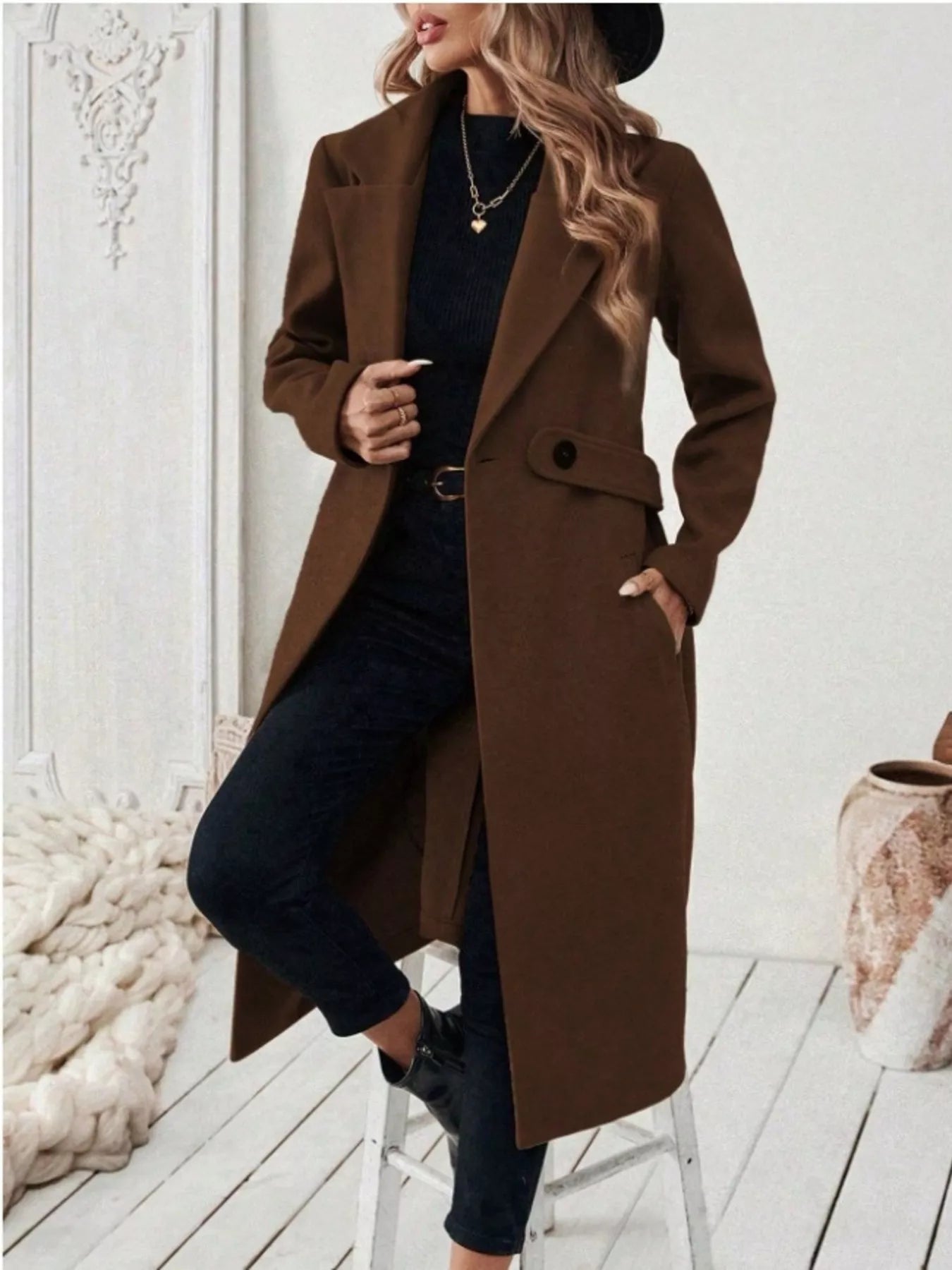Full Size Elegant Lapel Collar Belted Coat with Pockets Plus Size
