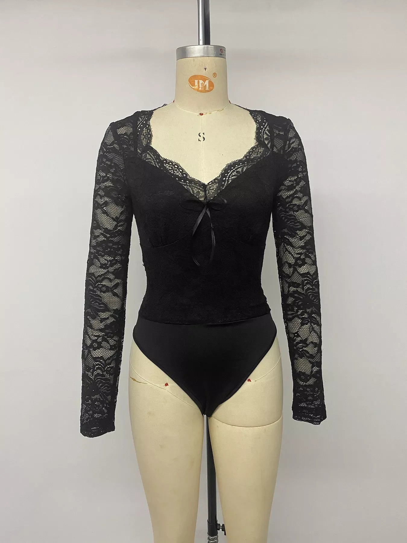 Lace Long Sleeve Bodysuit with Bow Detail