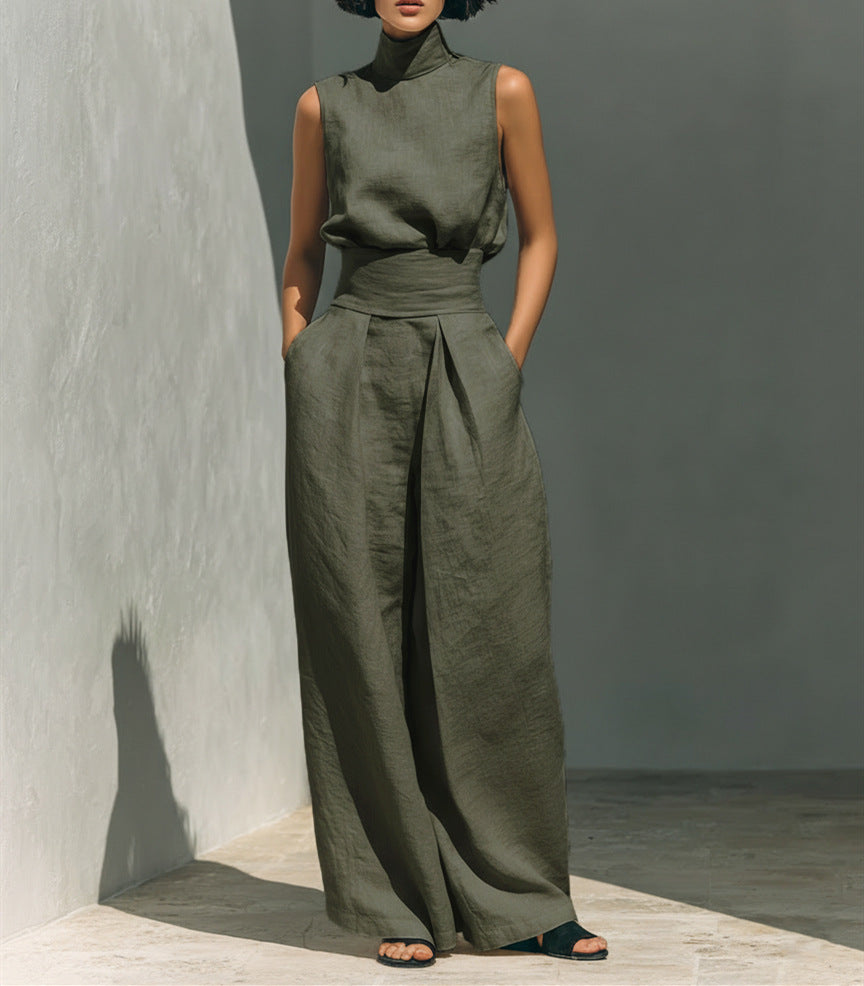 Casual Sleeveless Suit Summer Stand-up Collar Pullover Top And Loose Straight-leg Trousers Women's Clothing (see size chart under more details)