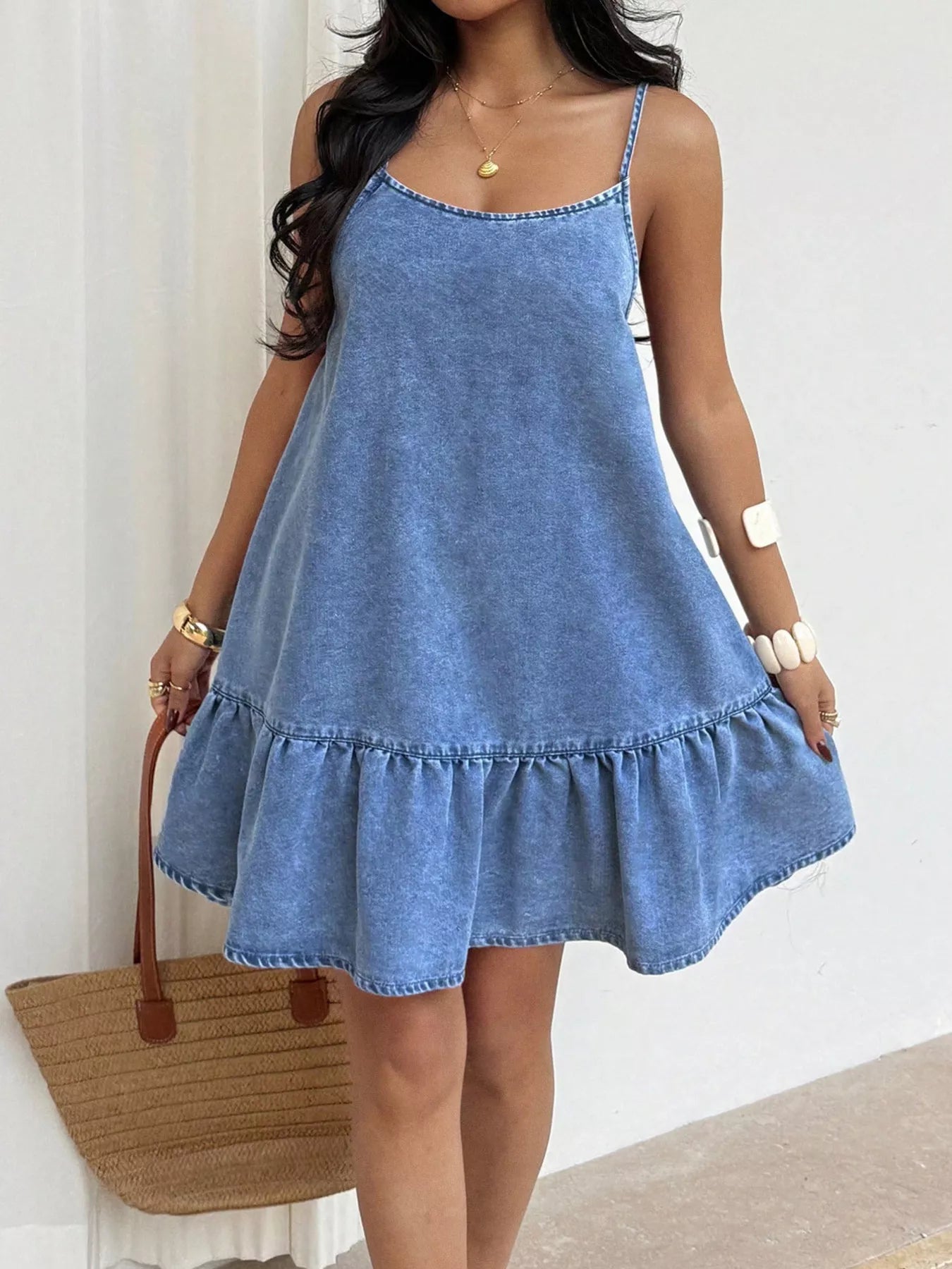 Casual Spaghetti Strap Ruffle Hem Denim Dress