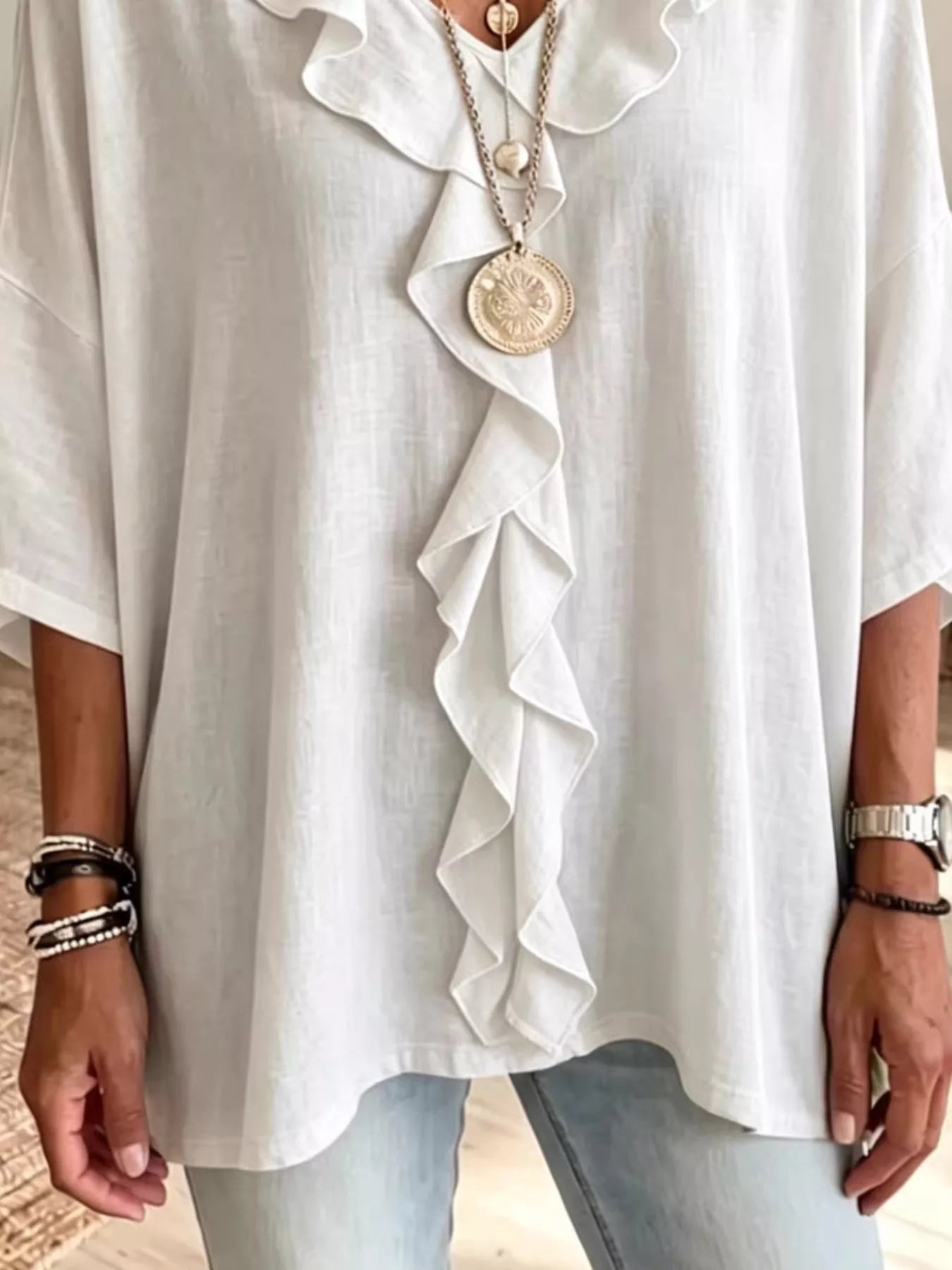 Full Size Ruffled V-Neck 3/4 Sleeve Blouse Plus Size