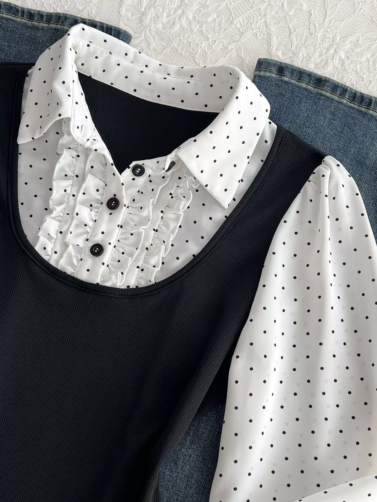 Polka Dot Flounce Sleeve Layered Look Blouse