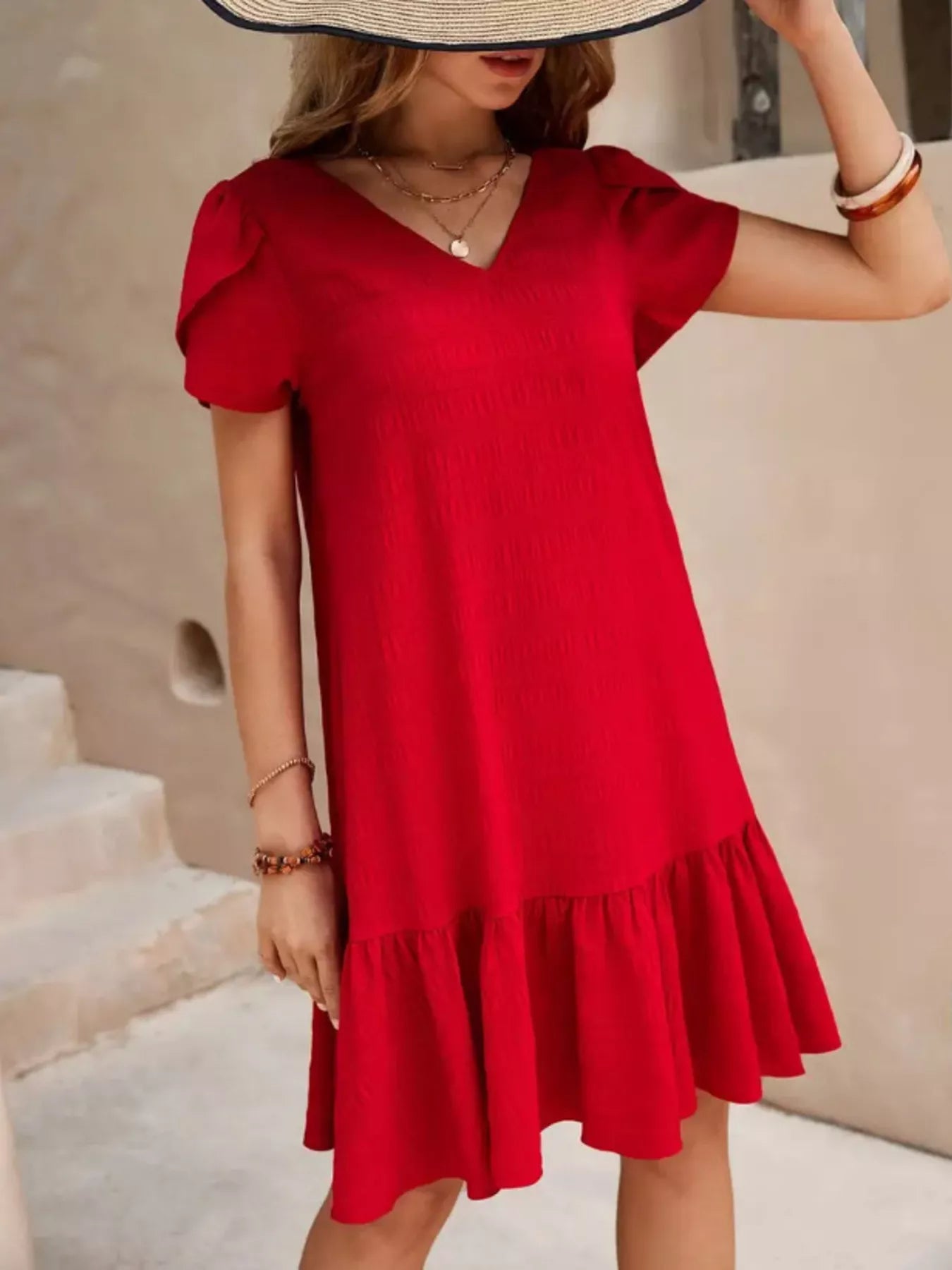 V-Neck Ruffle Hem Textured Mini Dress