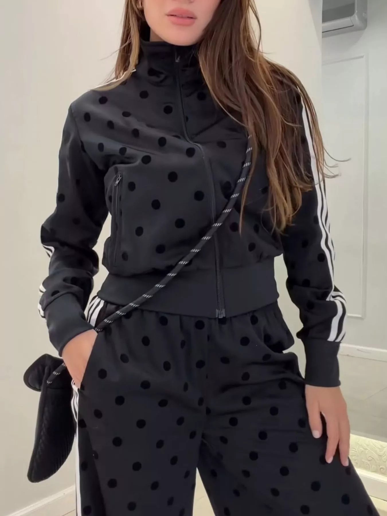 Polka Dot Zip Up Outerwear and Pants Set