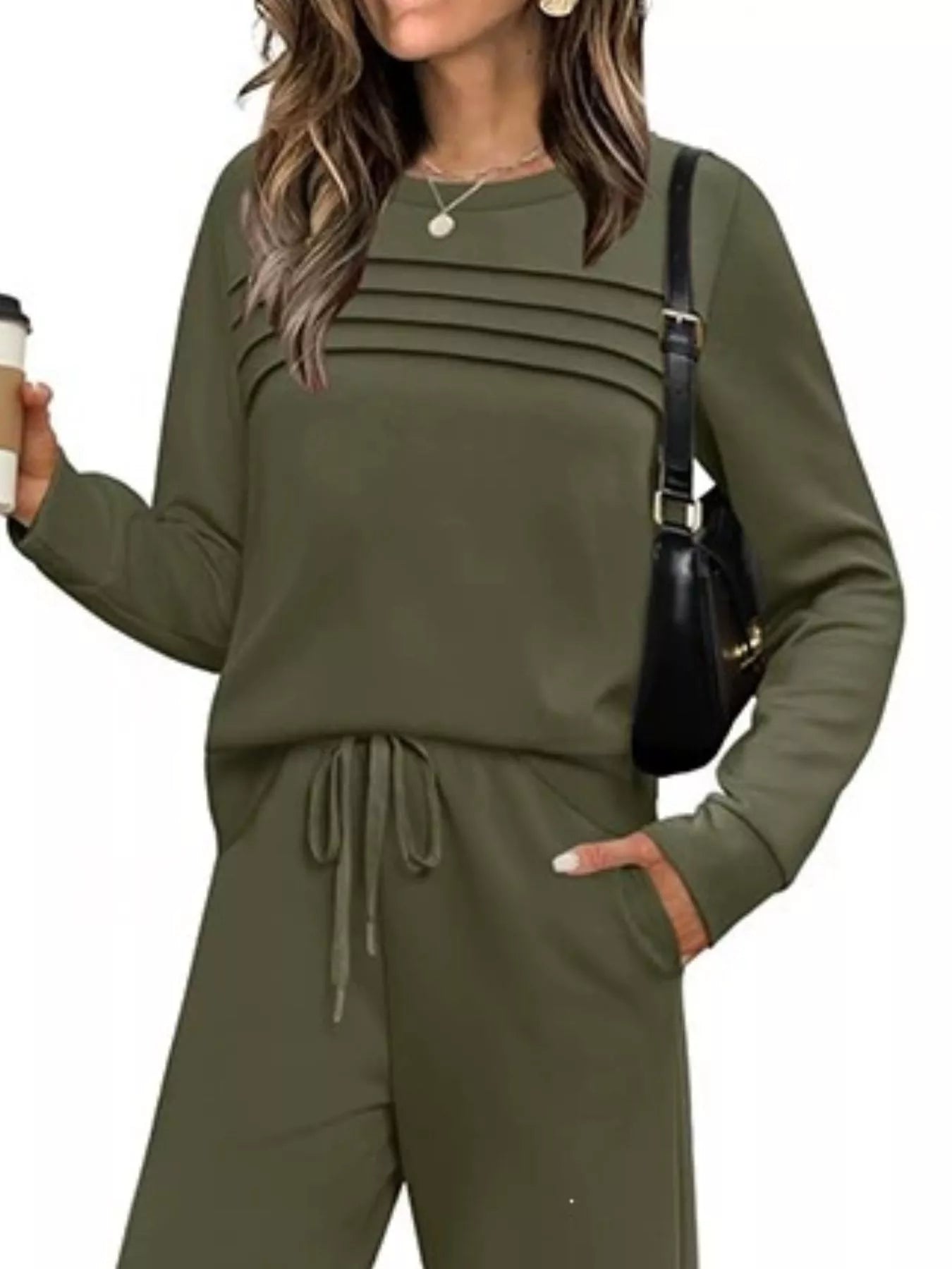 Full Size Casual Long Sleeve Crewneck Top and Drawstring Pants Set Plus Size