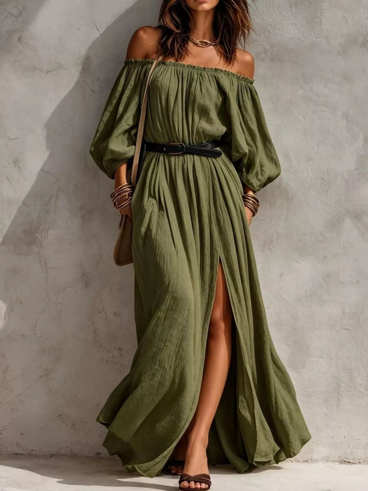 Boho Off-Shoulder Maxi Dress with Side Slit