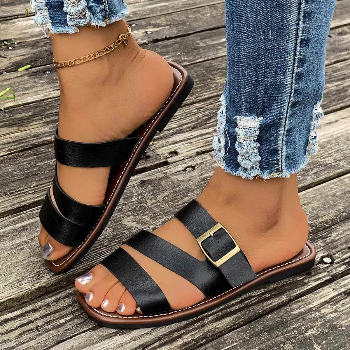 Open Toe Buckle Flat Sandals