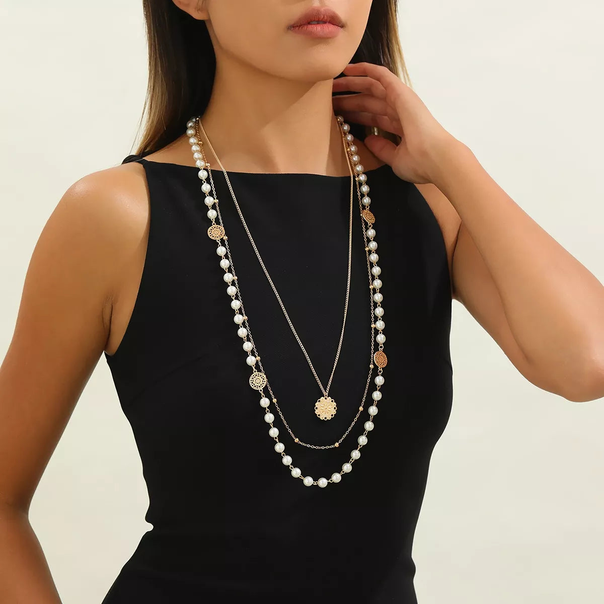 Multi-Layered Pearl and Coin Pendant Necklace